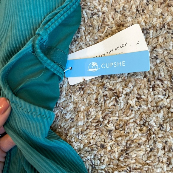 Cupshe Remind Me Solid Ribbed One Piece Swimsuit Green Large Lace Up Front - Picture 4 of 7